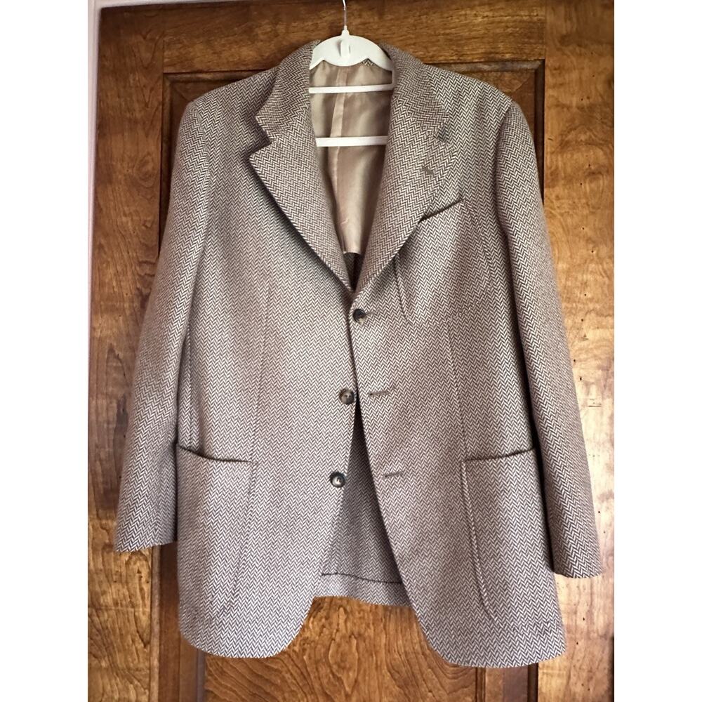 Agnona Cashmere Tweed Herringbone Men's Blazer Brown Beige